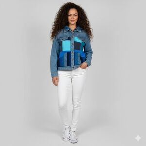 OOAK Hip Chick Design Womens XL Upcycled Blue Denim Jean Jacket Patch Work